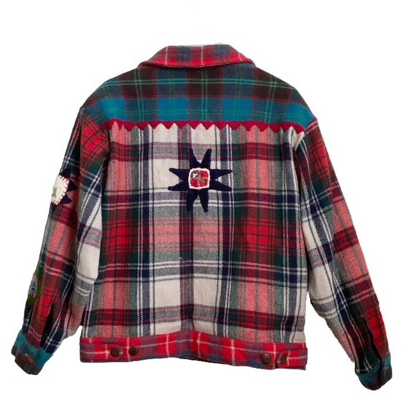 Vintage SANDY STARKMAN Red Plaid  Embroider Appliqué Wool Blend Shacket Jacket L - Picture 5 of 15